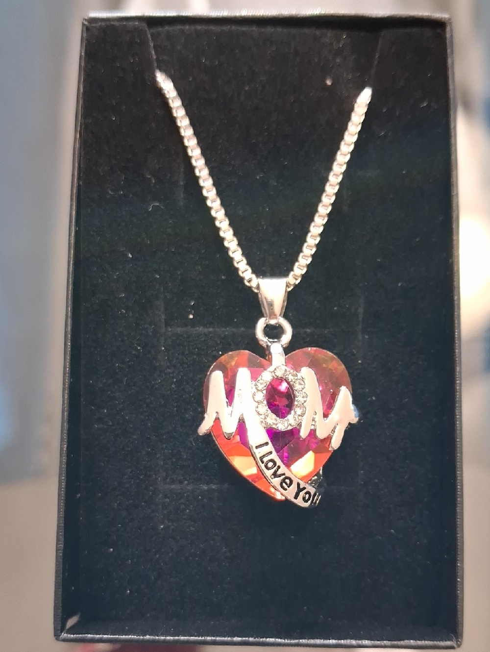 Silver Heart "Mom I Love You" Necklace with Pink Crystal